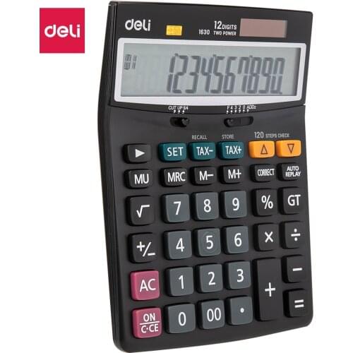 Deli E1630 Calculator - 120 steps check Tax Calculators 12 digit - Battery & Solar Dual power office business supplies