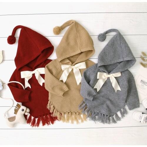 Newborn Baby Girls Knit Bowknot Coat Solid Color Hooded Jacket Outwear Cloak Autumn Winter Clothes