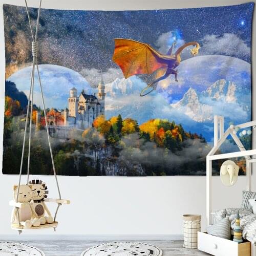Flying Dragon Fairy Tale Castle Tapestry Wall Hanging Bohemian Oil Painting Hippie Carpet Childrens Room Dormitory Family Decor