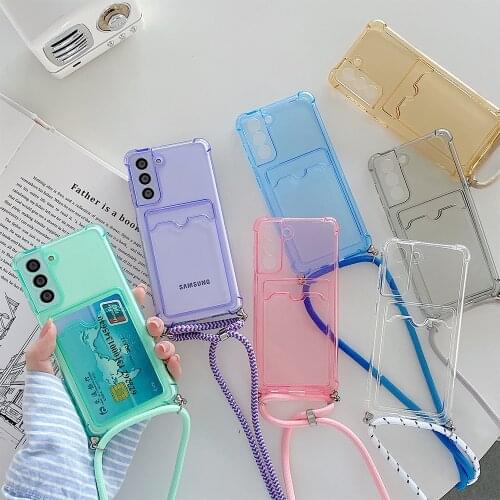 Necklace Lanyard Shoulder Strap Card Holder Wallet Case For Samsung A52 A72 A32 S20 FE S21 S10 Plus Note 20 Soft TPU Clear Cover