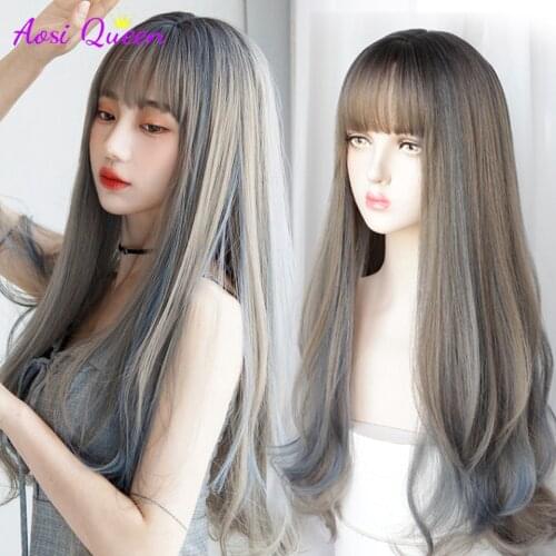 Highlights long curly hair haze blue wig gradient long hair Lolita daily role play heat resistant synthetic wig