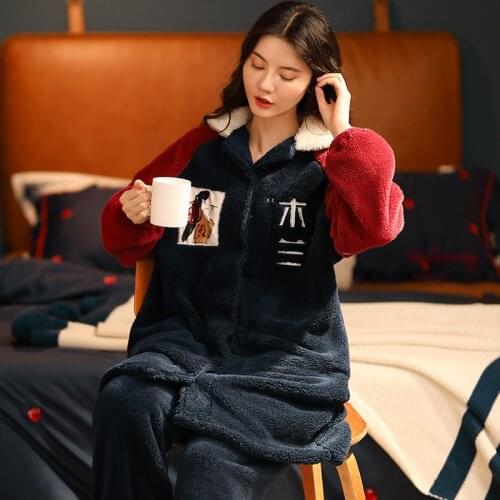 2021 New Pajama Womens Coral Hood Thic Kened Sweet Lovely Autumn and Winter Plush Korean Flannel Suit Can Be Worn Outs