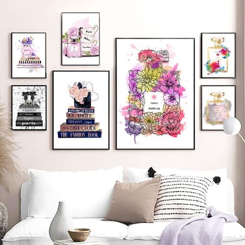 Scandinavian Poster Canvas Fashion Book And Watercolor Perfume Modern Painting Art Print Wall Picture For Living Room Home Decor