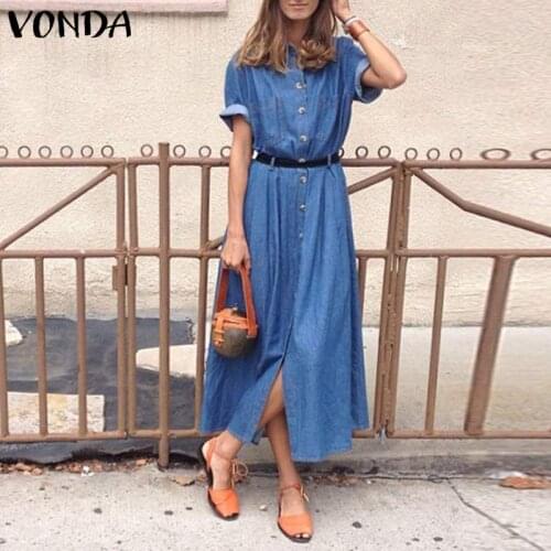 VONDA Women Dress Casual Short Sleeve Solid Party Dresses Lapel Button Down Denim Shirt Dress Bohemian Party Vestidos Plus Size