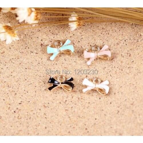 Free shipping Alloy drop oil 50pcs mix colour gold-color metal Ribbons bowknot shape charms for necklace jewelry making