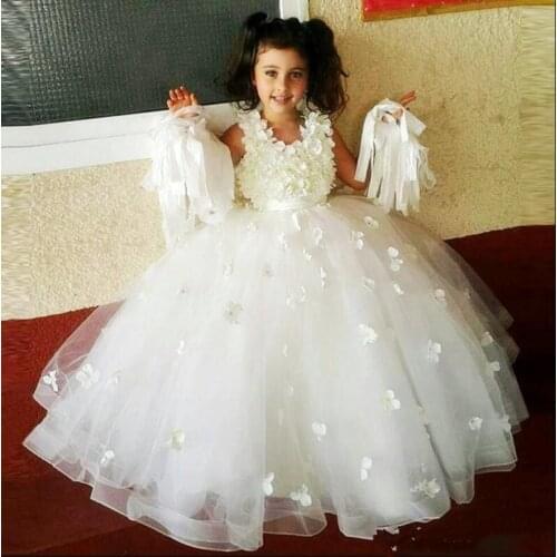 Stunning Flower Girl Dress with 3D Floral Appliques Belt O-Neck Pageant Gowns For Little Princess