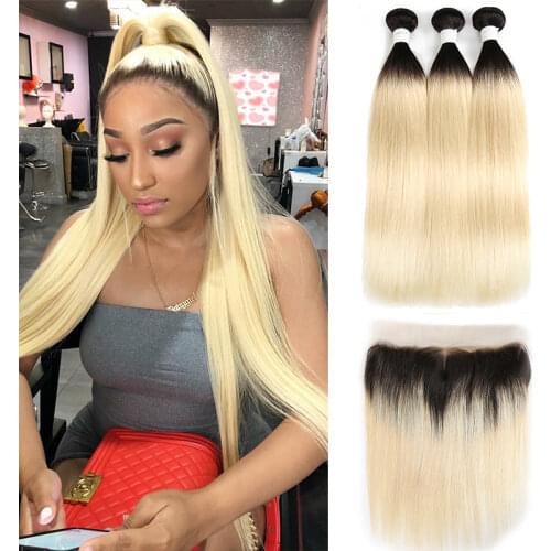 613 Ombre Blonde Straight Bundles With Frontal 13x4 SOKU Pre Plucked Brazilian Remy Haman Hair Weave Bundles With Lace Closure