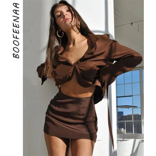 BOOFEENAA Sexy 2 Piece Set Long Sleeve Top Skirt White Brown Satin Office Ladies Elegent Outfits Bodycon Dress Suits C92-EE31