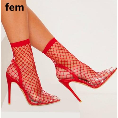 Mesh Sexy Stiletto Summer Boot Woman Fashion Fishnet Sock Shoes Woman Summer Boots Pointed Toe High Heels Thin Heels Transparent