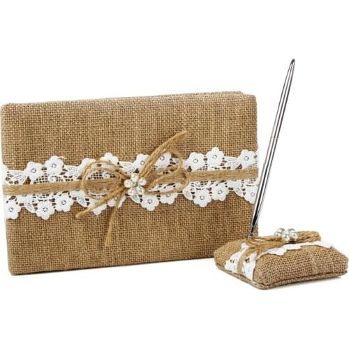 Countryside Wedding Guest Book and Pen Set – Burlap and Lace Wedding Guestbook and Pen Set – 70 Lined Pages – Special Memento