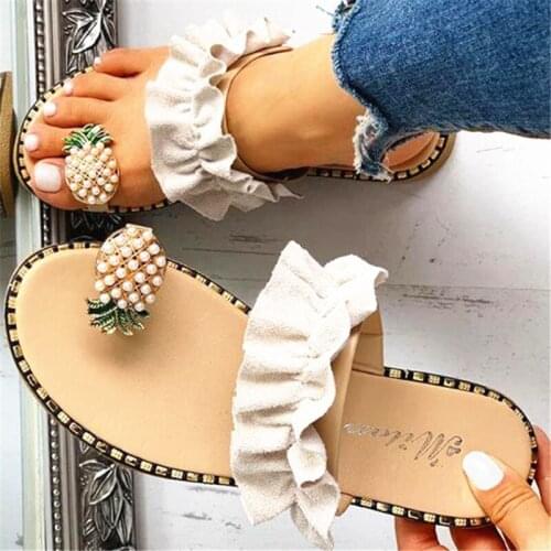 YSHUNIJ Large size slippers womens new online celebrity pineapple slippers flat beach toe shoes