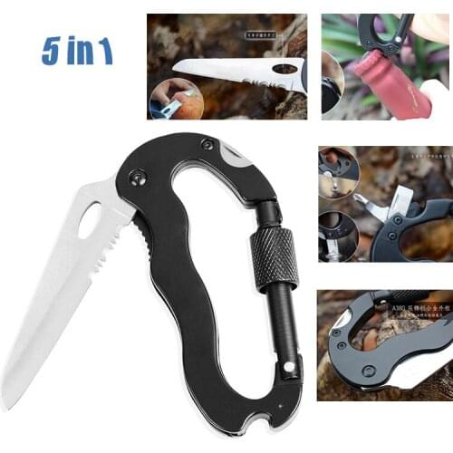 Outdoor Multi-Function Edc Tool 5 In 1 with Knife Screwdriver Aluminum Climbing Carabiner Hook Gear Multi Tool Buckle Rock Lock