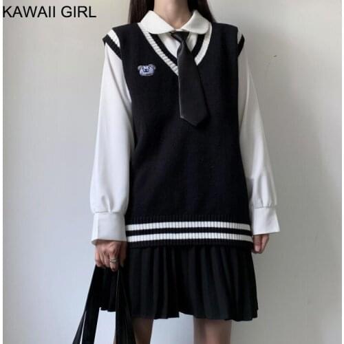 College Style V-Neck JK Uniform Knit Vest Women Embroidery Stripe Soft Girl Sleeveless Pullovers Basic Sweater Vest Pull Femme