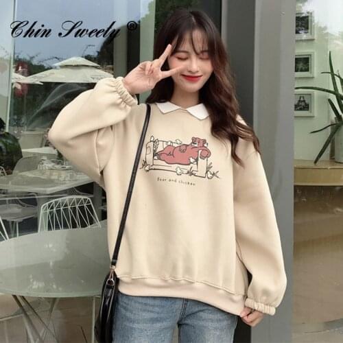 Thicken Print Fake Two Piece Womens Sweatshirt Long Sleeve Turn-Down Collar Female Pullover 2021 Autumn School Tops Oversized