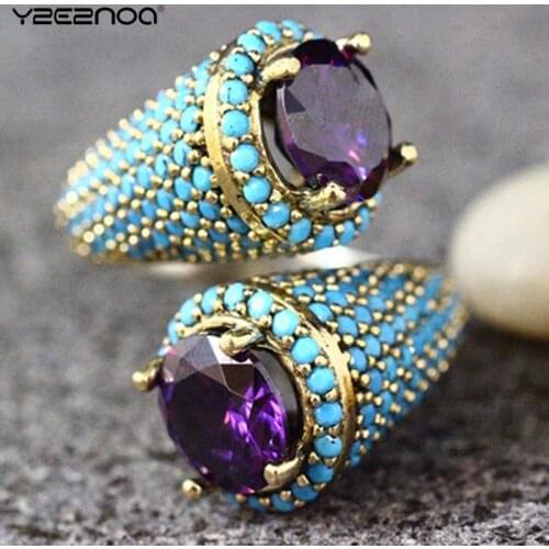 Vintage Gold Color Turquoises Beaded Opening Ring For Women Girls Punk Gothic Party Retro Purple Zircon Jewelry Gift