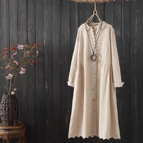 Japanese female literary cotton lace embroidery dress spring new long sleeve dress mori girl