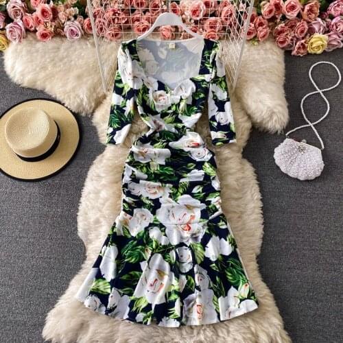 Women Bodycon Mermaid Dresses 2021 Summer Sexy V Neck Floral Print Green Boho Beach Dress Ruffle Midi Dress Sundress Vestidos
