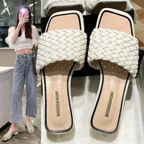 Women Slippers Fashion New Designer Weave Leather Women Sandal Open Toe Flat Summer Outdoor Beach Female Flip Flops Dropshipping