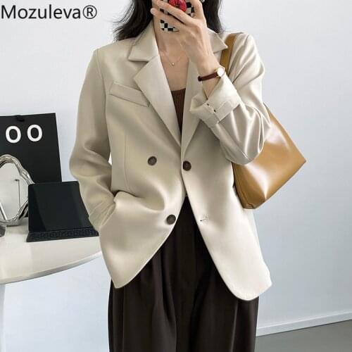 Mozuleva Vintage Back Split Solid Blazer Jacket Women Double Breasted Loose Blazer Autumn Office Ladies Long Sleeve Coat Outwear