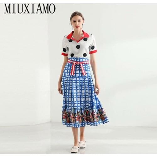 2021 New Summer Suits Turn-Down Collar Retro Polka Dot Loose Blouse + Plaid Print Medium Length Skirt Two-Piece Womens Wear