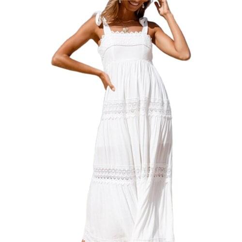 Ladies White Lace Beach Dress Women Lace Splicing Sleeveless Long Strap Dress Elegant Maxi Dresses For Shopping Dating