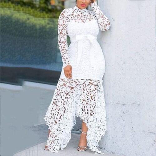 Plus Size Summer Clothes White Lace Dress Women Fall Party Sexy Hollow Out Flower Embroidery Long Sleeve Maxi Dresses Female