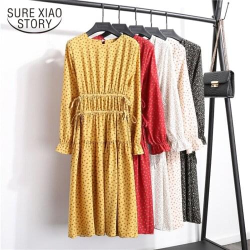 Spring 2021 Fashion Summer Long Sleeve Retro Crew Neck Floral Print Lace-up Loose Fit Slimming Chiffon Dress Female 8693 50