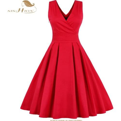 SISHION Audrey Hepburn Vestidos 4XL Red Plus Size Women Dress Summer Casual Party Pleated Vintage 50s Rockabilly Dresses VD0410