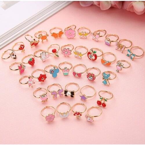 10pcs Cute Adjustable Rings Children Girls Pretend Play Makeup Toys Cartoon Crystal Jewelry Alloy Animal Enamel Ring Fashion
