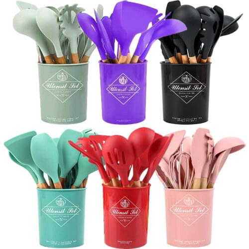 11-piece non-stick spatula kitchen utensils cooking set Multi-color storage barrels wooden handle silicone kitchen utensils