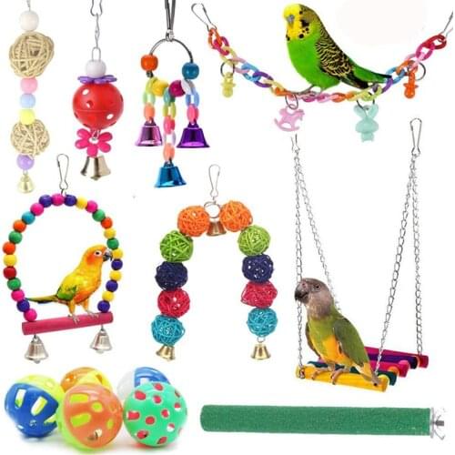 13pcs Bird Cage Toys Parrots Reliable & Chewable - Swing Hanging Chewing Bite Bridge Wooden Beads Ball Bell Toys Random Color
