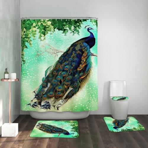 4pcs/set Bathroom Mat Carpet Shower Curtain Toilet Lid Cover Peocock Print Bathroom Set