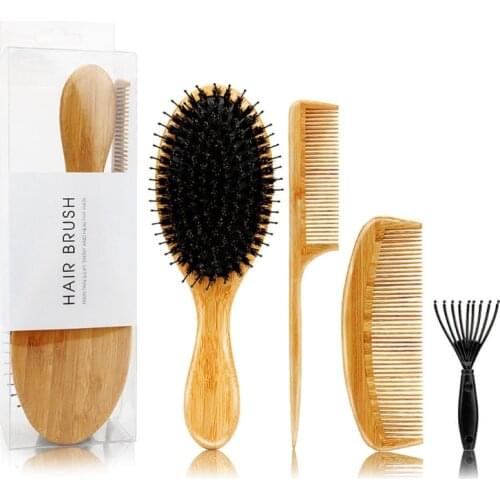 4Pcs/Set BambooHandle Boar Bristles Anti Static Hair Brush Massage Scalp Comb Straightening Care Tools for Men Women