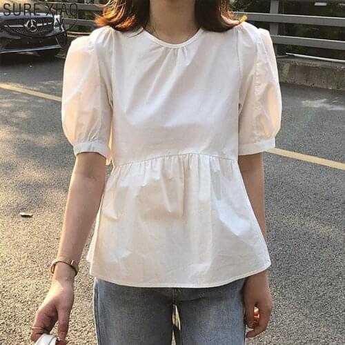 2021 French Elegant Round Collar Blouse Women Short Sleeve Tops Summer New Puff Sleeve Cotton Shirt Clothes Blusa Mujer 14375