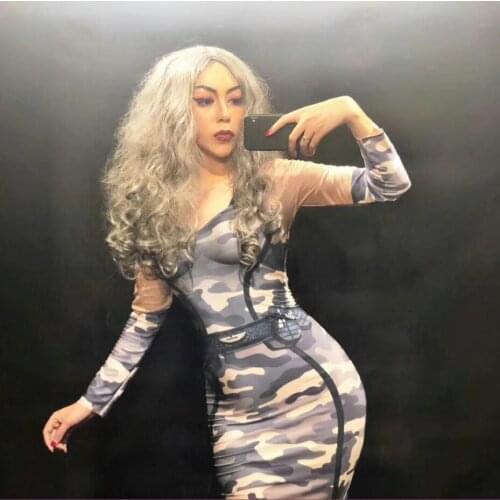 Sexy Camouflage Print Bodysuit Teacher Costume Bling Stage Show Outfit Performance Jazz Dance Singer Stretch Leotard DJ250