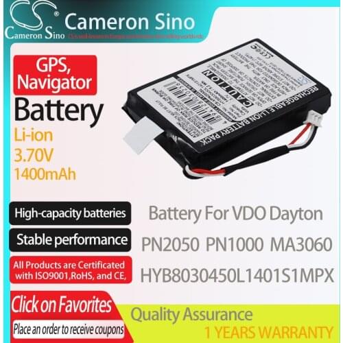 CameronSino Battery for VDO Dayton PN2050 PN1000 MA3060 fits VDO Dayton HYB8030450L1401S1MPX GPS,Navigator battery 1400mAh 3.70V