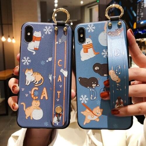 Wrist Strap Holder Phone Case For iPhone 11 Pro Max SE 2020 Case Soft TPU Funda Cartoon Cat For iPhone SE 2 XR XS X 7 8 6S Plus