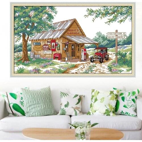 HUACAN Cross Stitch House Embroidery Scenery Needlework Sets For Full Kits White Canvas DIY Home Decor 14CT