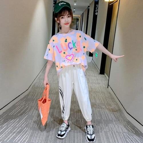 2020 Girls Clothing Sets Short Sleeve flower T-Shirt+Pants 2Pcs Summer Kids Children Clothes Suits 3 4 5 6 7 8 9 10 11 12 Years