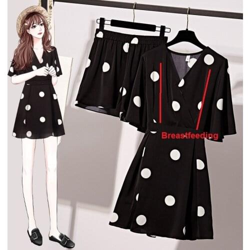Summer Maternity Breastfeeding Tops Dress Sets Clothes Short Sleeve Pregnant Women Dot Chiffon Nursing dress short Pants Suit