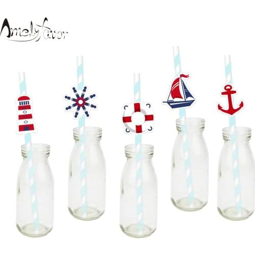 Sailboat Nautical Straw 25PCS Paper Straws Kids Birthday Party Festive Supplies Decoration Paper Drinking Straws
