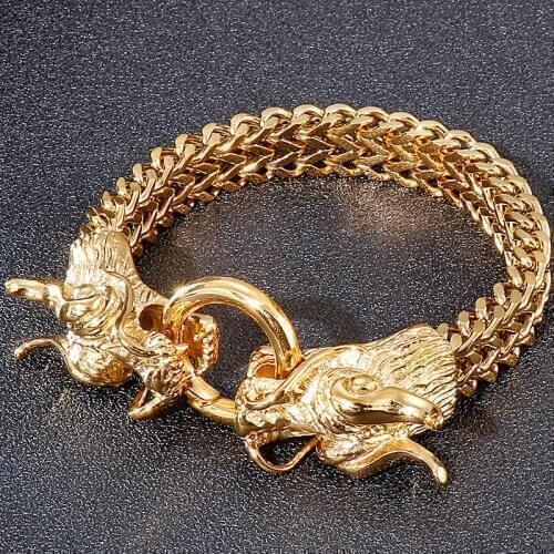 Gothic Double Dragon Head Men Bracelet Masculine Golden 12MM Franco Link Curb Chain Mens Bracelets With Gift Bag Dropshipping