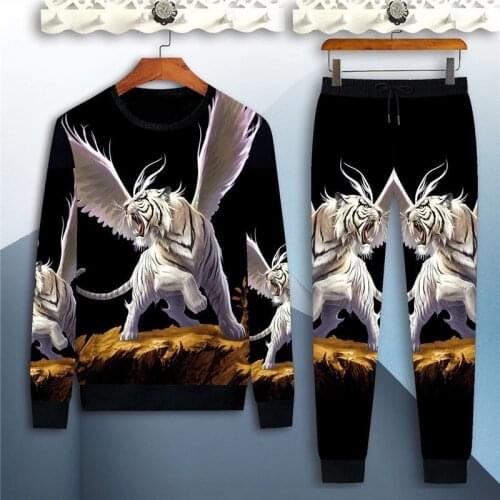 New spring and autumn mens round neck casual sweater suit fashion printing trend handsome tiger tiger head suit mens clothing