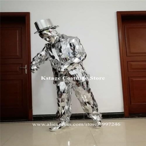 KS19 Ballroom dance robot men mirror suit stage perform dress silver mirror clothes dj stage costumes party outfits dress mirror