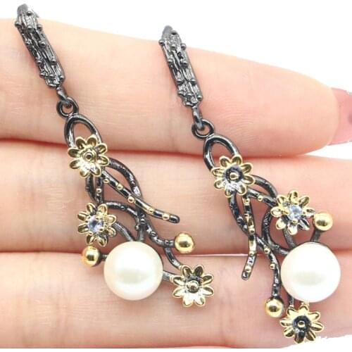 50x16mm SheCrown Neo-Gothic 8.2g Vintage Created Violet Tanzanite White CZ Pearl Black Metal Silver Earrings Daily Punk Hollow