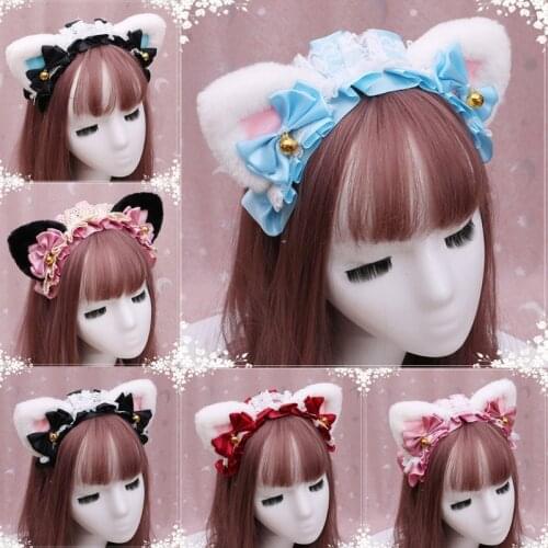 Anime Lolita Cosplay Animal Headband Cute Plush Cat Ears Ruffled Lace Ribbon Bowknot Bell Hair Hoop Masquerade Headpiece