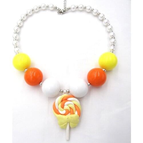 2PCS Girls Cute Yellow Bow Lollipop Pendant Chunky Necklaces Toddler Girl DIY Hand Made Beaded Pearl Bubblgum Necklace Jewelry
