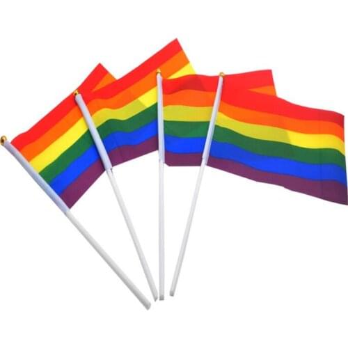 Rainbow Gay Pride Stick Flag 5x8 inch Hand Mini Flag waving flags handhold using with With gold Top LX6738
