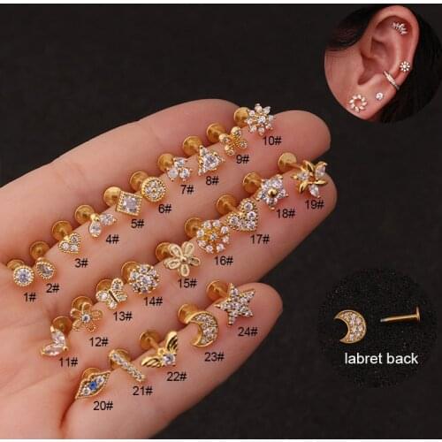 1Pc Flat Labret Back Ear Piercing Jewelry Star Moon Flower Cz Cartilage Earrings Helix Daith Conch Rook Tragus Earring Stud