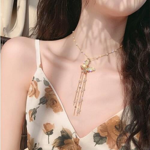 SHIFEEL 2021New fashion Rhinestone butterfly Pearls tassel Long necklace Clavicle chain Collar rings Earrings Women Jewelry Sets